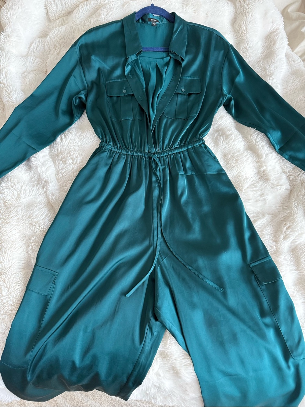 Express Deep Teal Green Button Tie Waist Wide Leg Satin Cargo Jumpsuit M - Picture 3 of 3